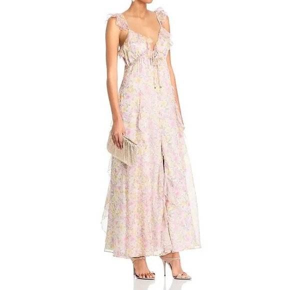 Aqua Floral Ruffle Maxi Dress Pink Yellow‎ Sleeveless Summer Party Wedding - Picture 1 of 10